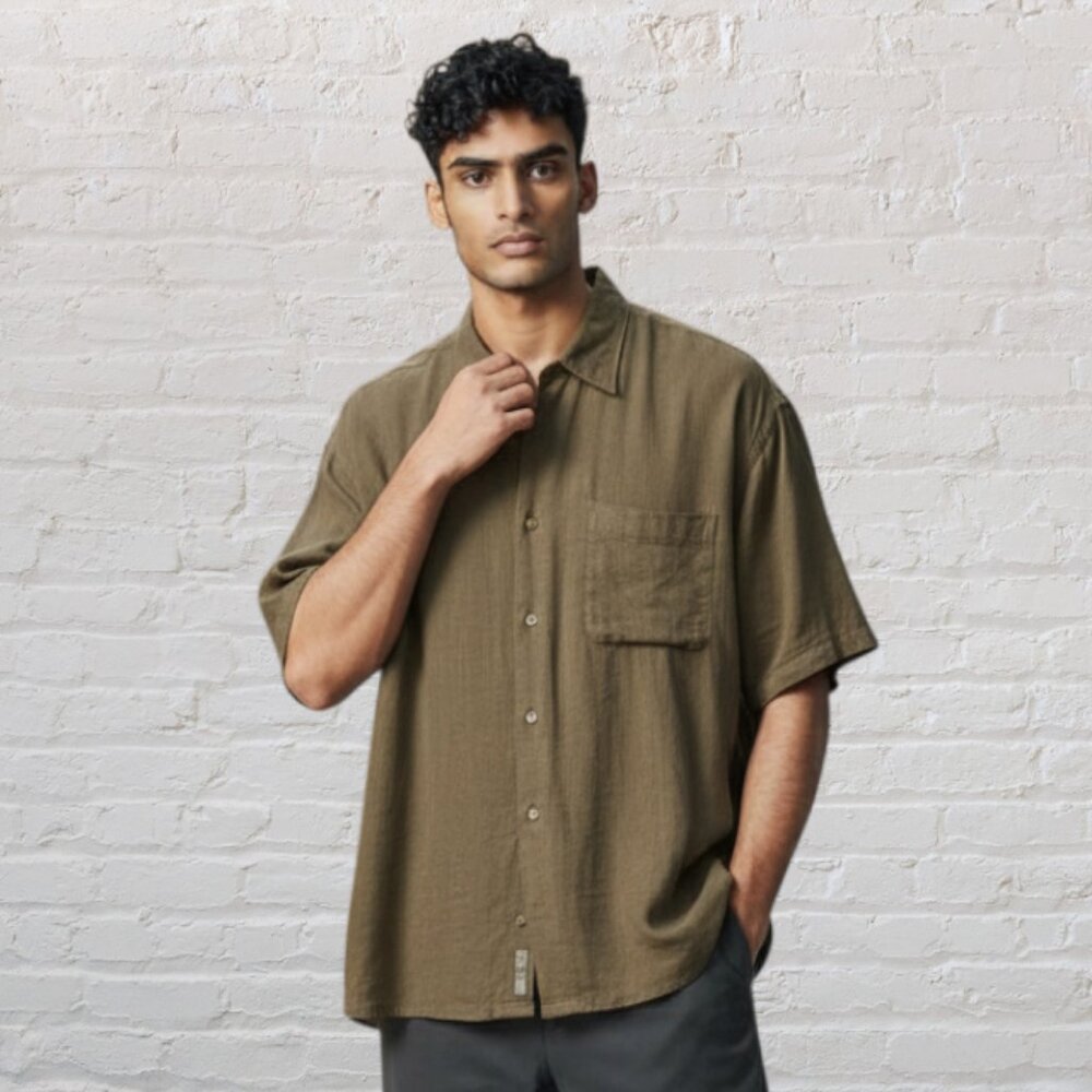 NAUTICA -- Men's Shirt, Linen, Short Sleeved Button Down, Collar, Beige, Pocket